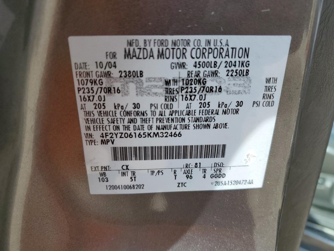 4F2YZ06165KM32466 2005 Mazda Tribute S