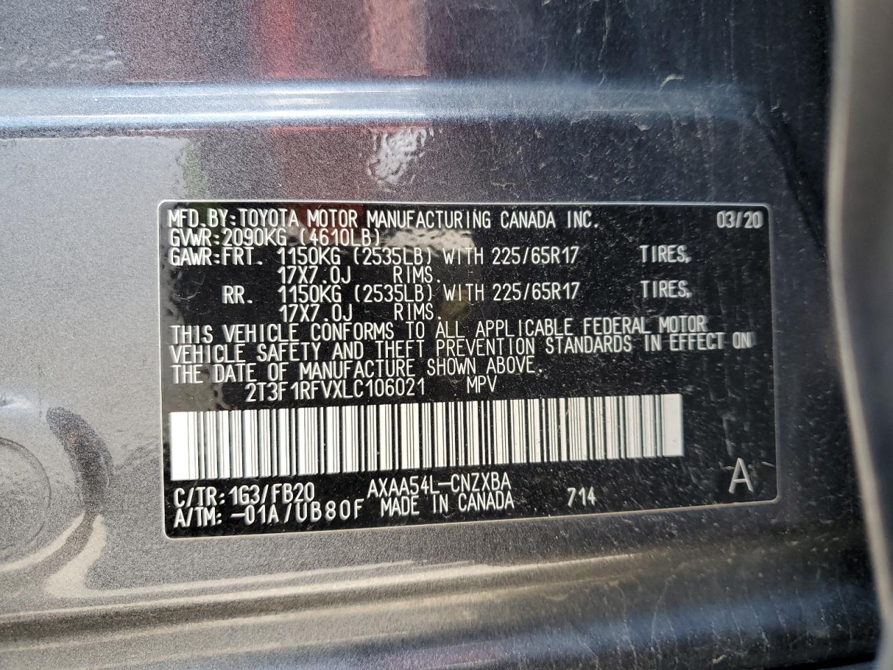 2T3F1RFVXLC106021 2020 Toyota Rav4 Le