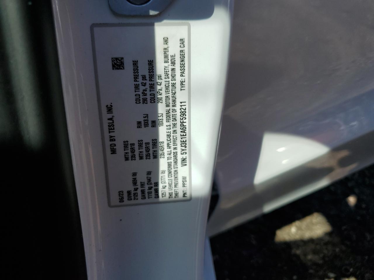 5YJ3E1EA6PF598211 2023 Tesla Model 3