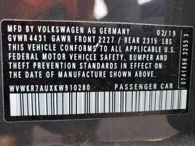 2019 Volkswagen E-Golf Se VIN: WVWKR7AUXKW910280 Lot: 61172174