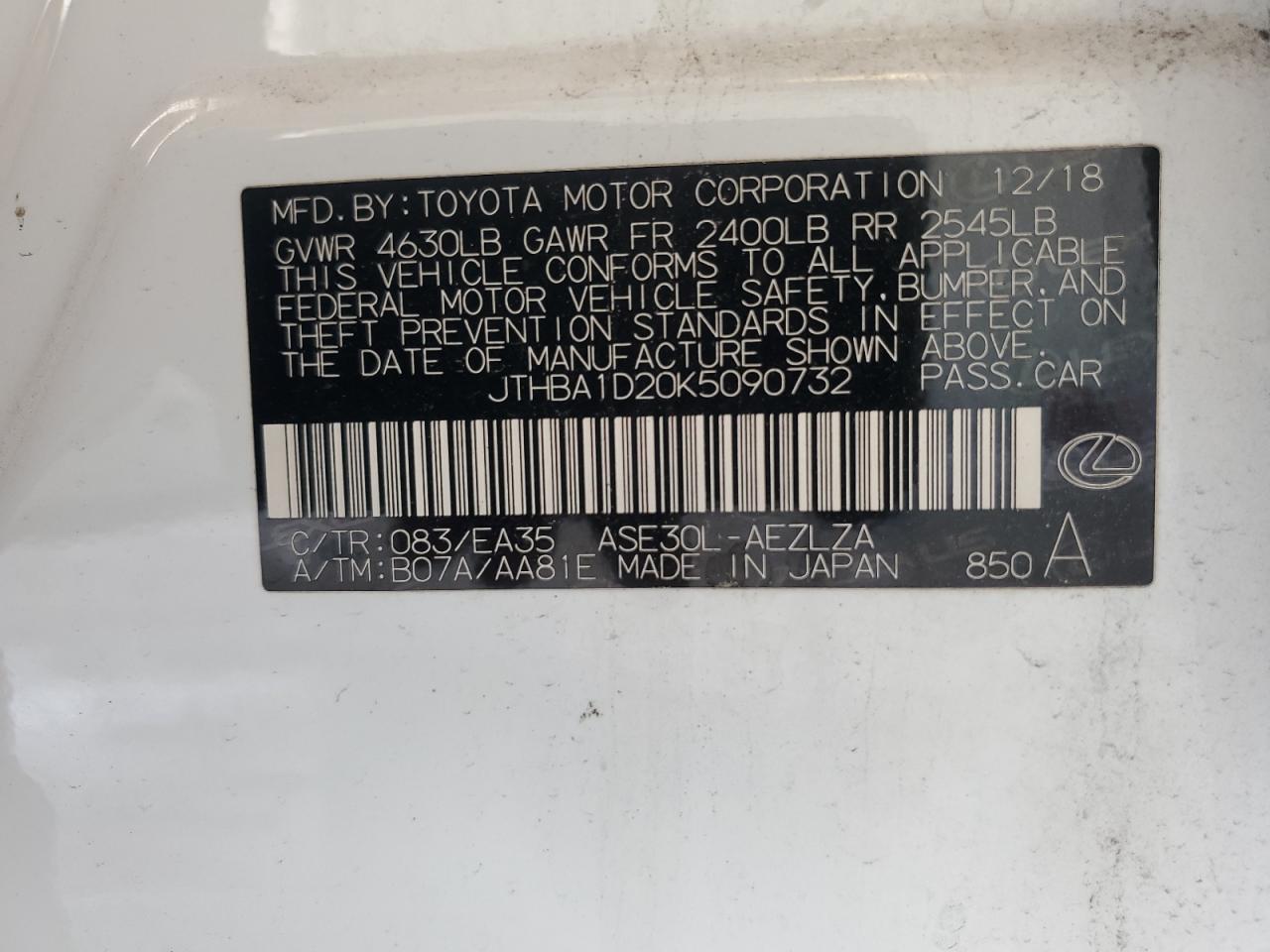 JTHBA1D20K5090732 2019 Lexus Is 300