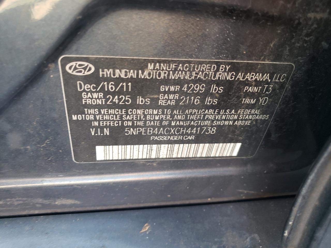 5NPEB4ACXCH441738 2012 Hyundai Sonata Gls