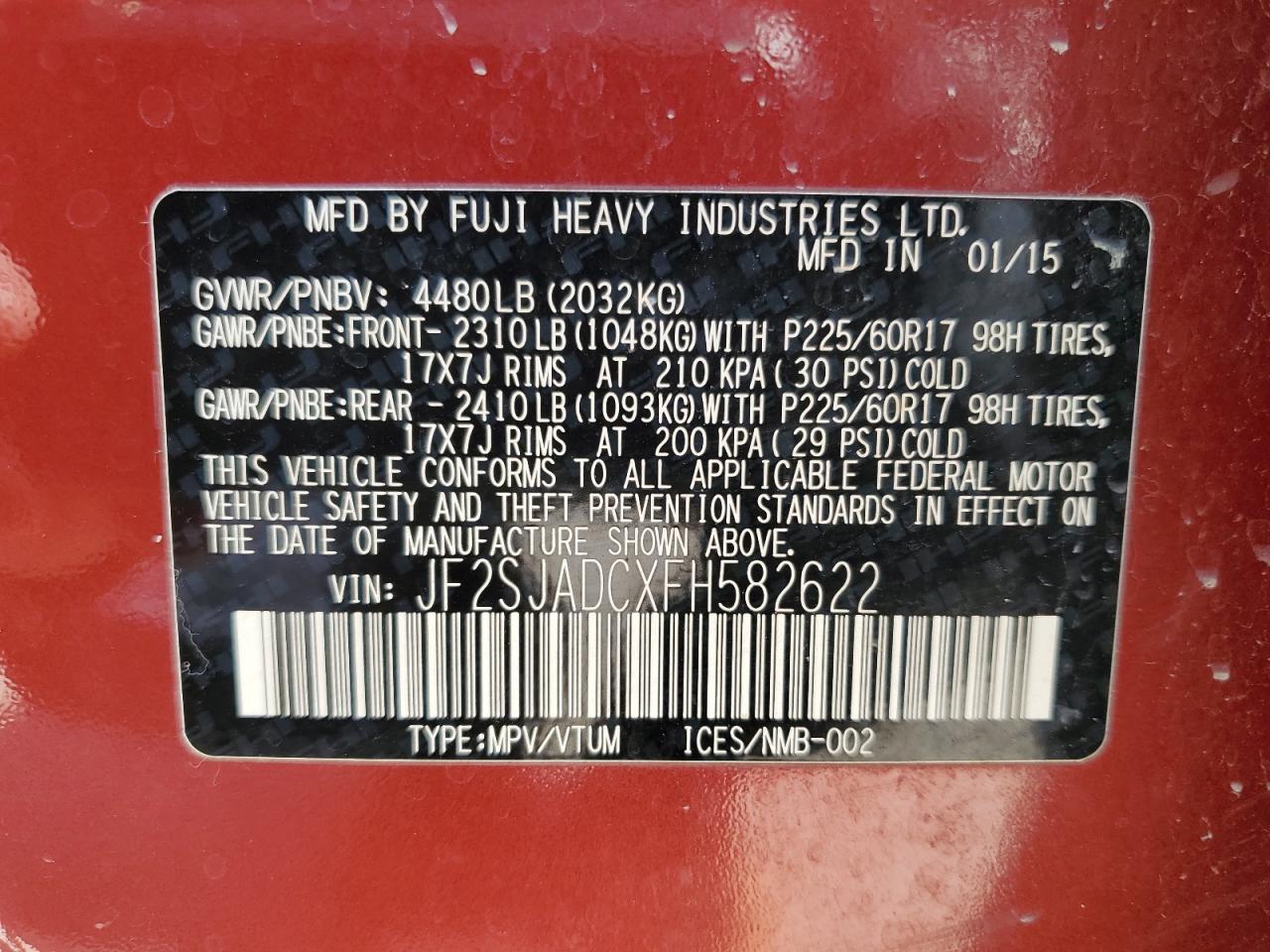 JF2SJADCXFH582622 2015 Subaru Forester 2.5I Premium