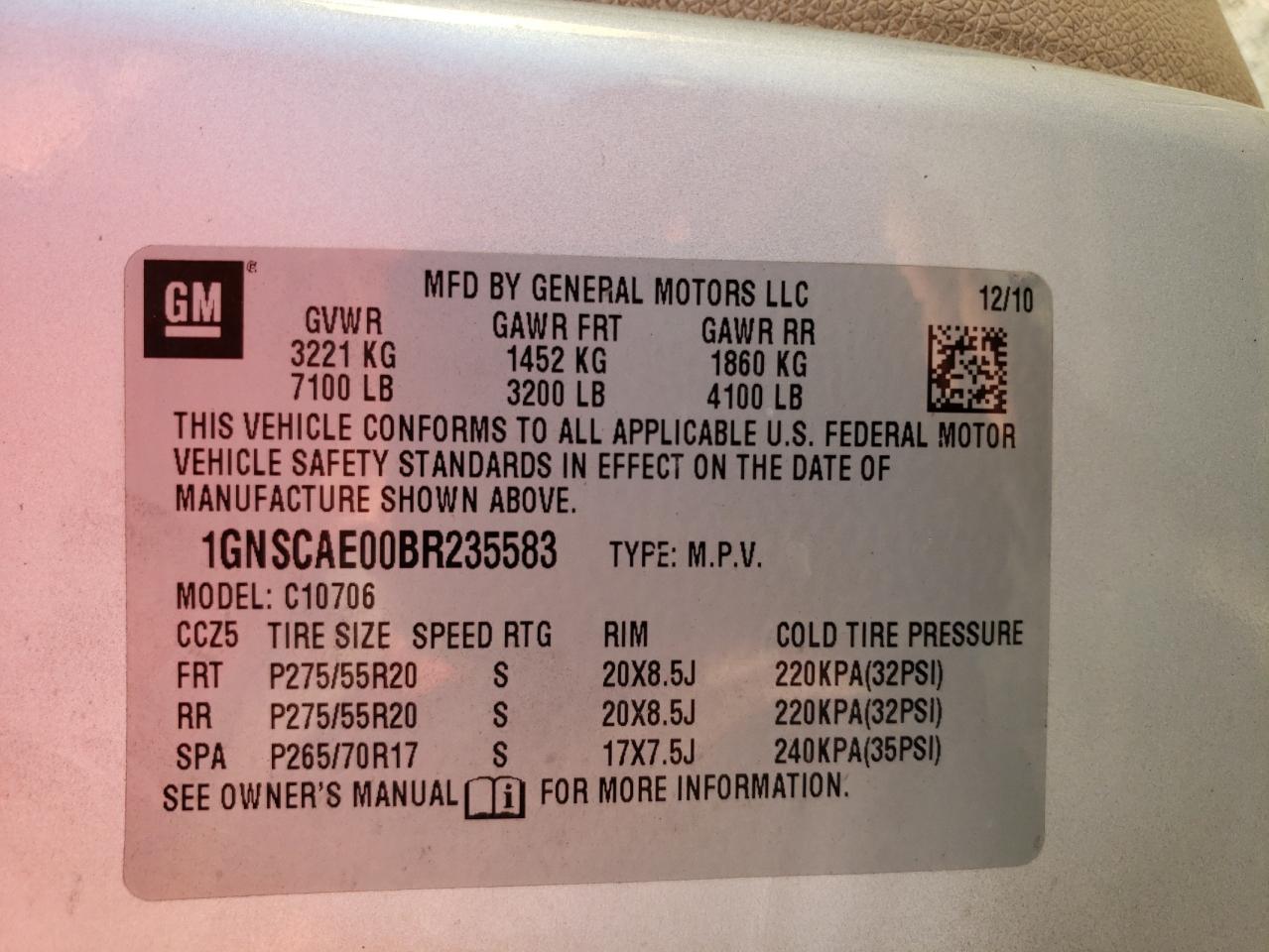 1GNSCAE00BR235583 2011 Chevrolet Tahoe C1500 Ls