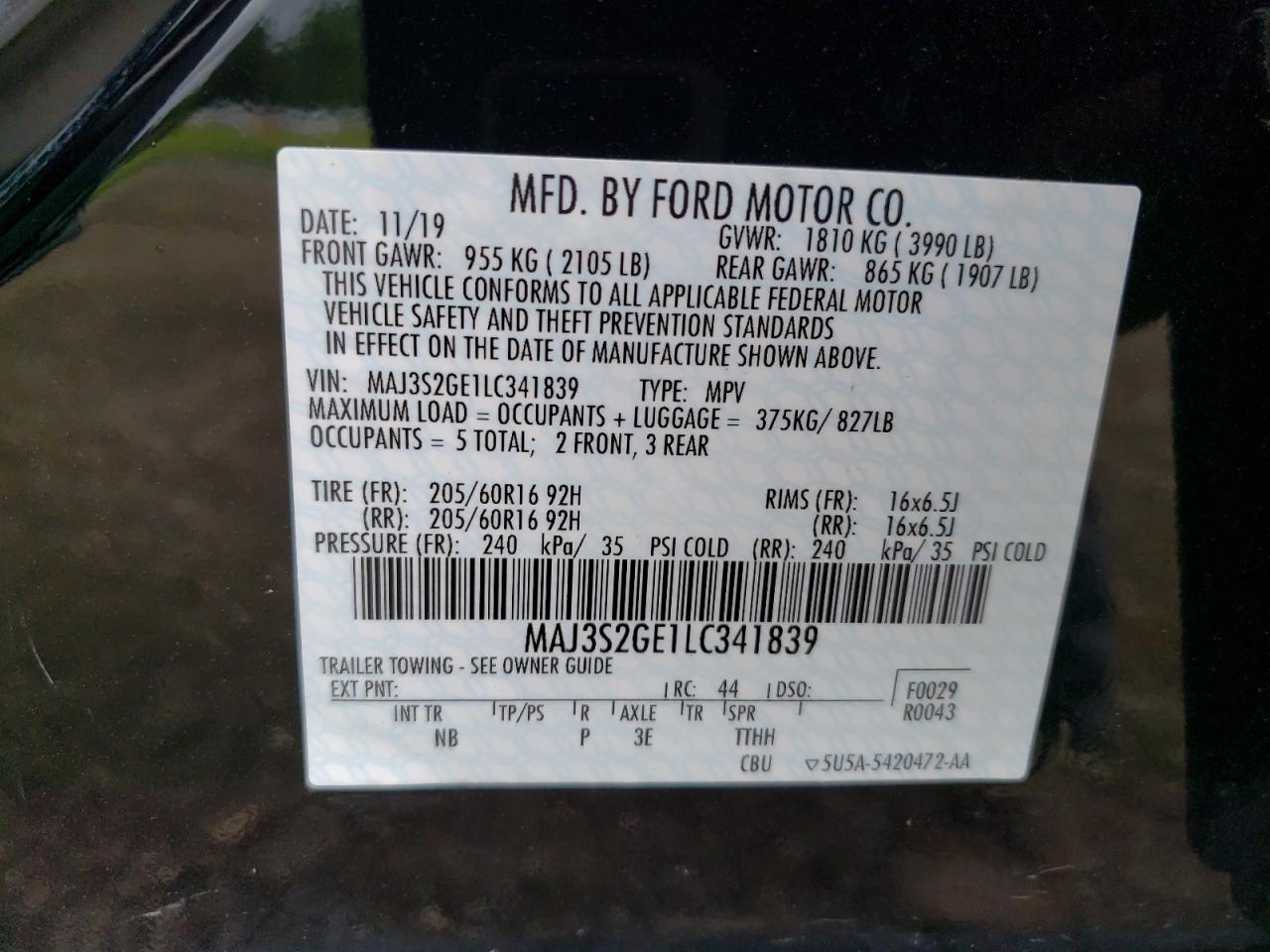 MAJ3S2GE1LC341839 2020 Ford Ecosport Se