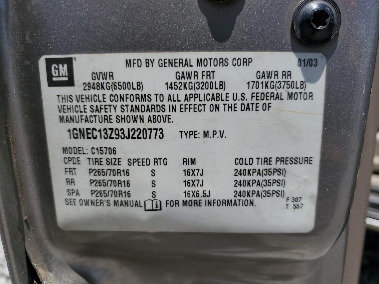 1GNEC13Z93J220773 2003 Chevrolet Tahoe C1500