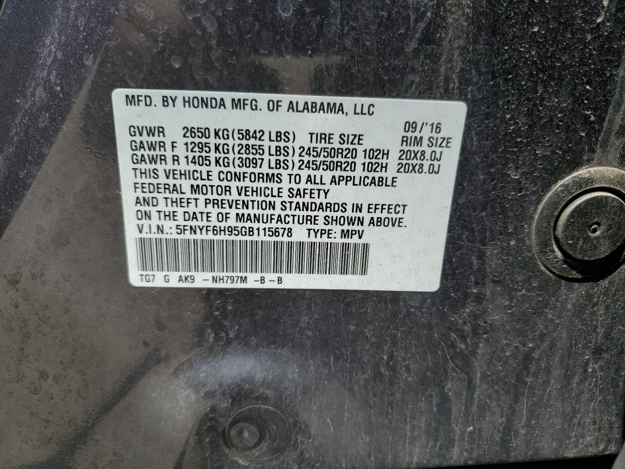 5FNYF6H95GB115678 2016 Honda Pilot Touring