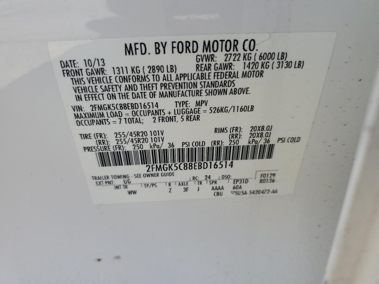 2FMGK5C88EBD16514 2014 Ford Flex Sel