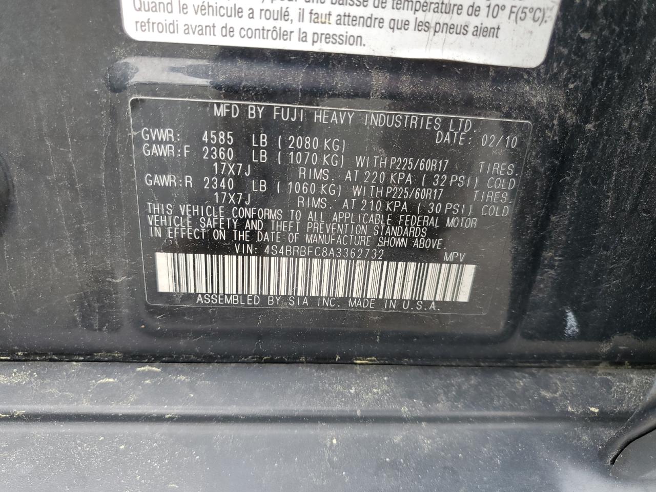 4S4BRBFC8A3362732 2010 Subaru Outback 2.5I Premium