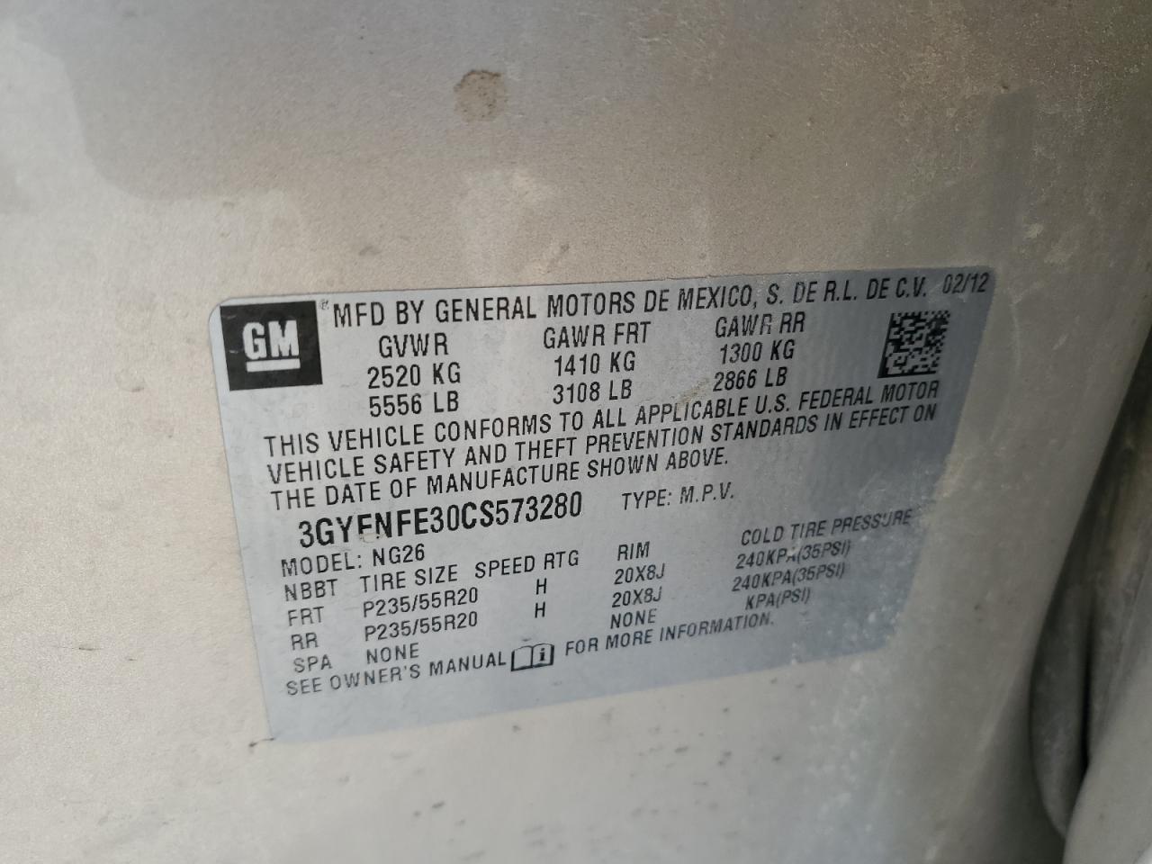 3GYFNFE30CS573280 2012 Cadillac Srx Premium Collection