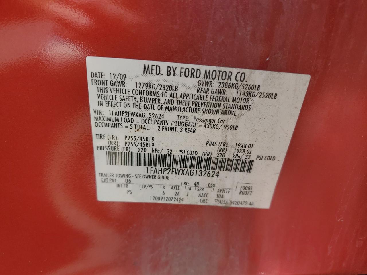 1FAHP2FWXAG132624 2010 Ford Taurus Limited