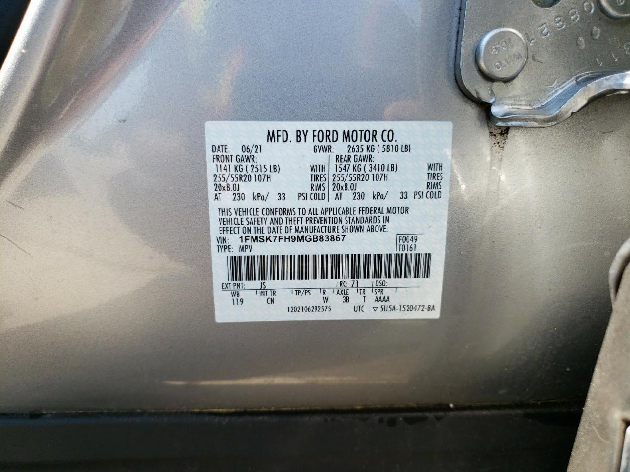 1FMSK7FH9MGB83867 2021 Ford Explorer Limited