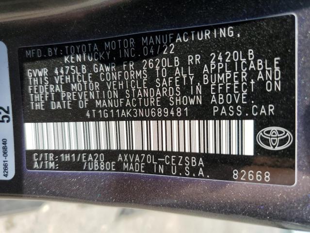 VIN 4T1G11AK3NU689481 2022 Toyota Camry, SE no.13