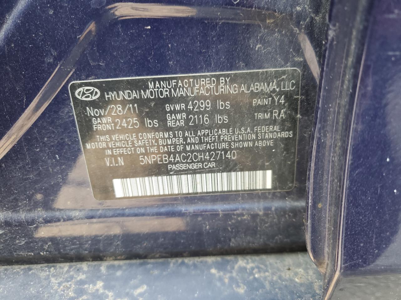 5NPEB4AC2CH427140 2012 Hyundai Sonata Gls