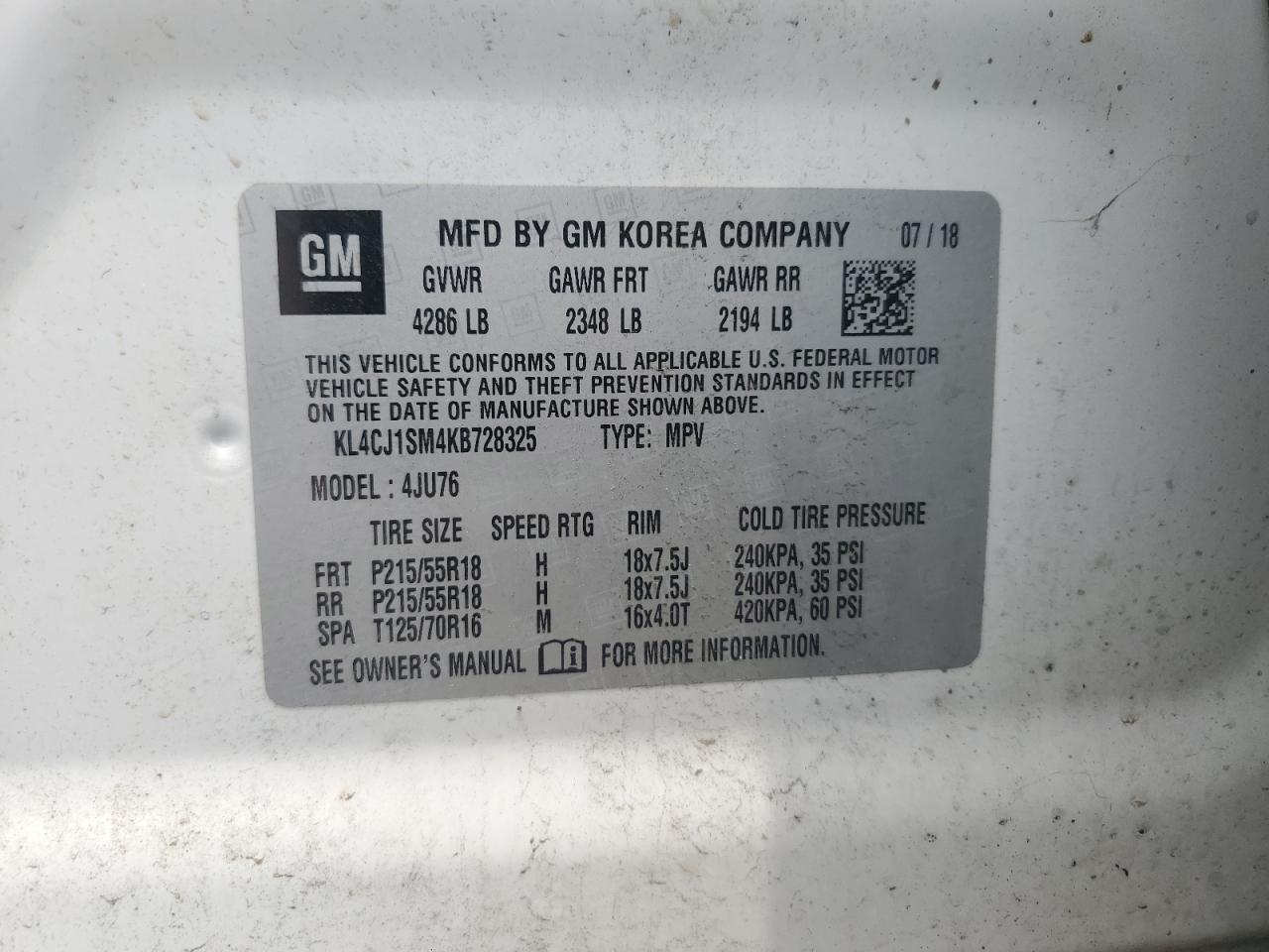 KL4CJ1SM4KB728325 2019 Buick Encore Sport Touring