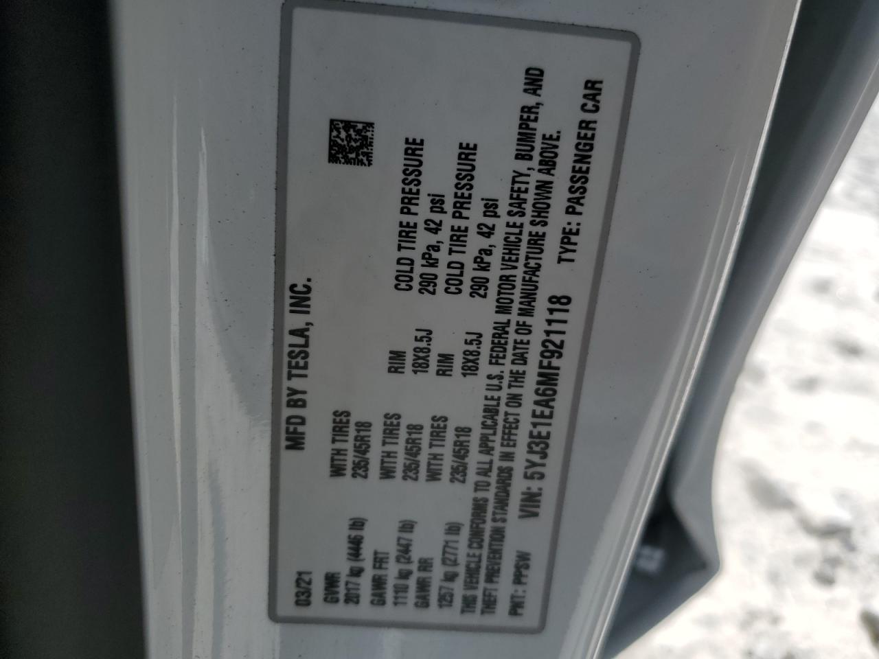 5YJ3E1EA6MF921118 2021 Tesla Model 3