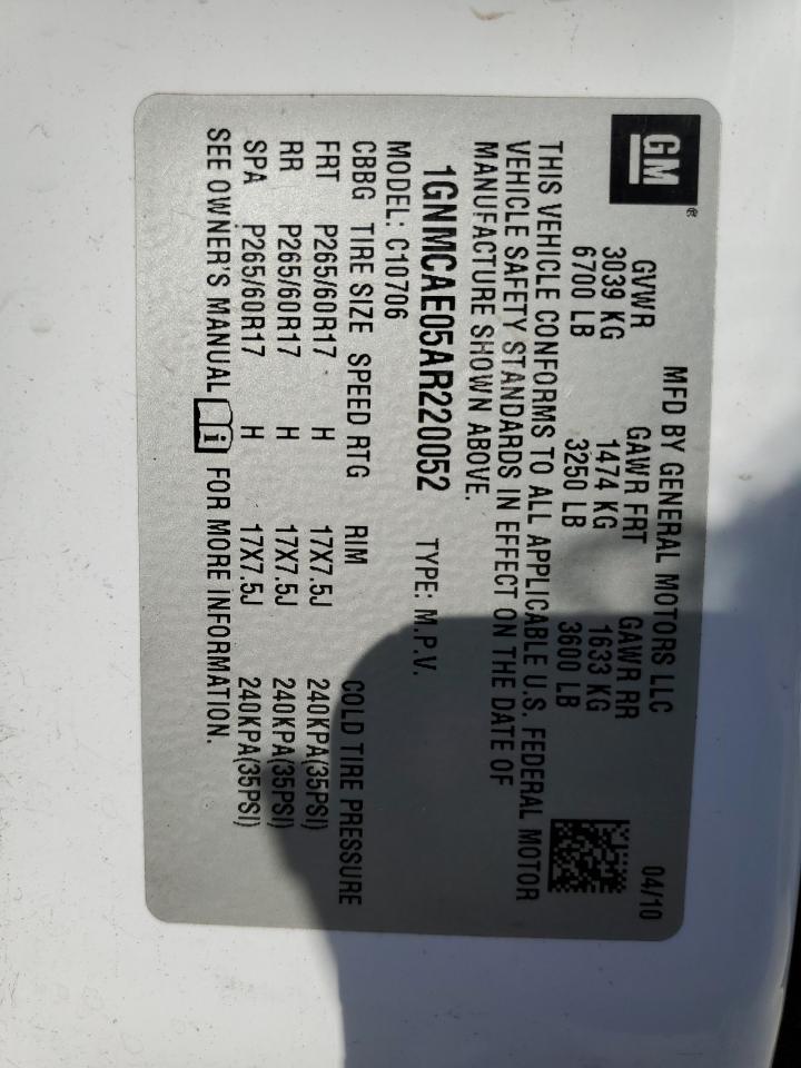 1GNMCAE05AR220052 2010 Chevrolet Tahoe C1500 Ls