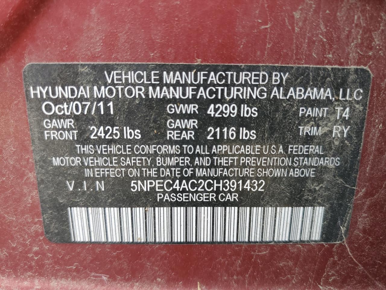 5NPEC4AC2CH391432 2012 Hyundai Sonata Se