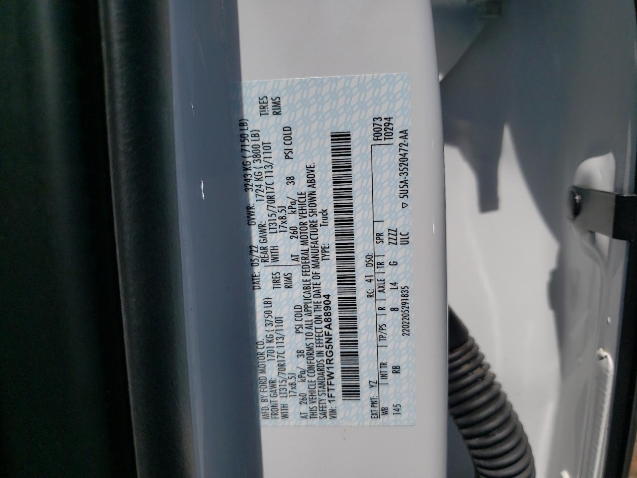 1FTFW1RG5NFA88904 2022 Ford F150 Raptor