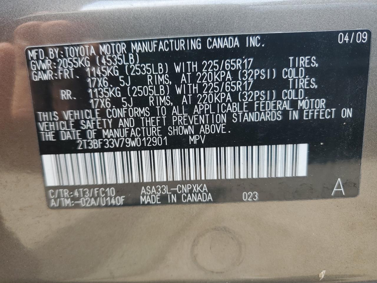 2T3BF33V79W012901 2009 Toyota Rav4