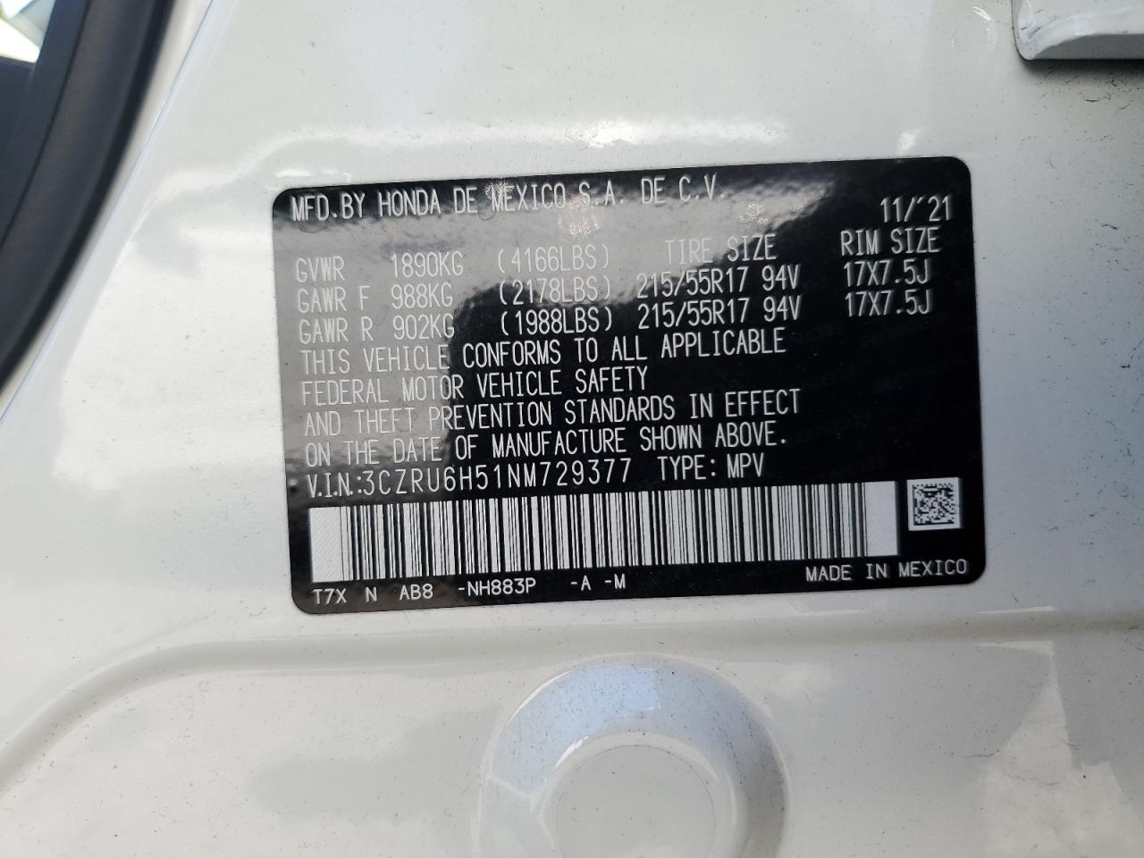 3CZRU6H51NM729377 2022 Honda Hr-V Ex