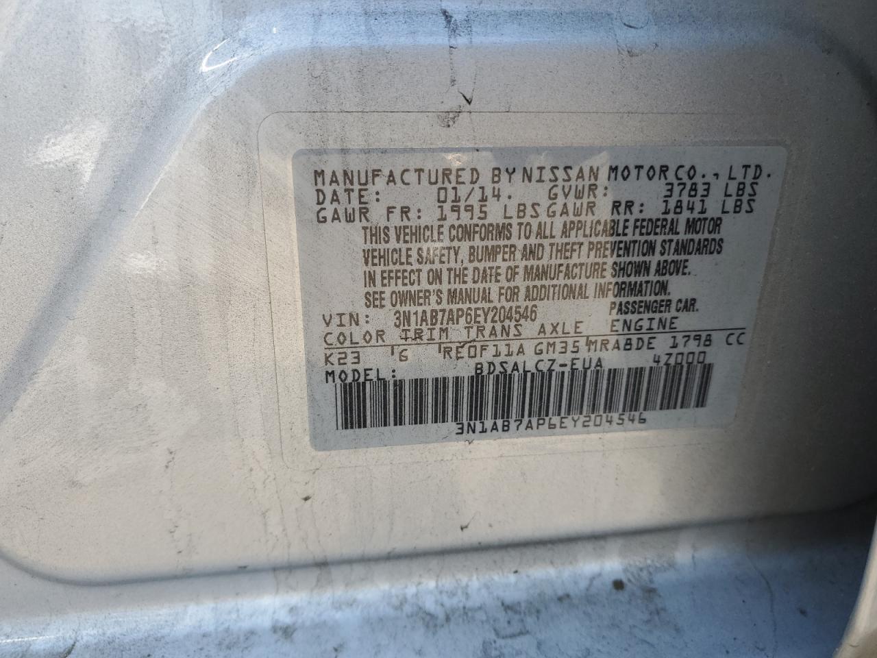 3N1AB7AP6EY204546 2014 Nissan Sentra S