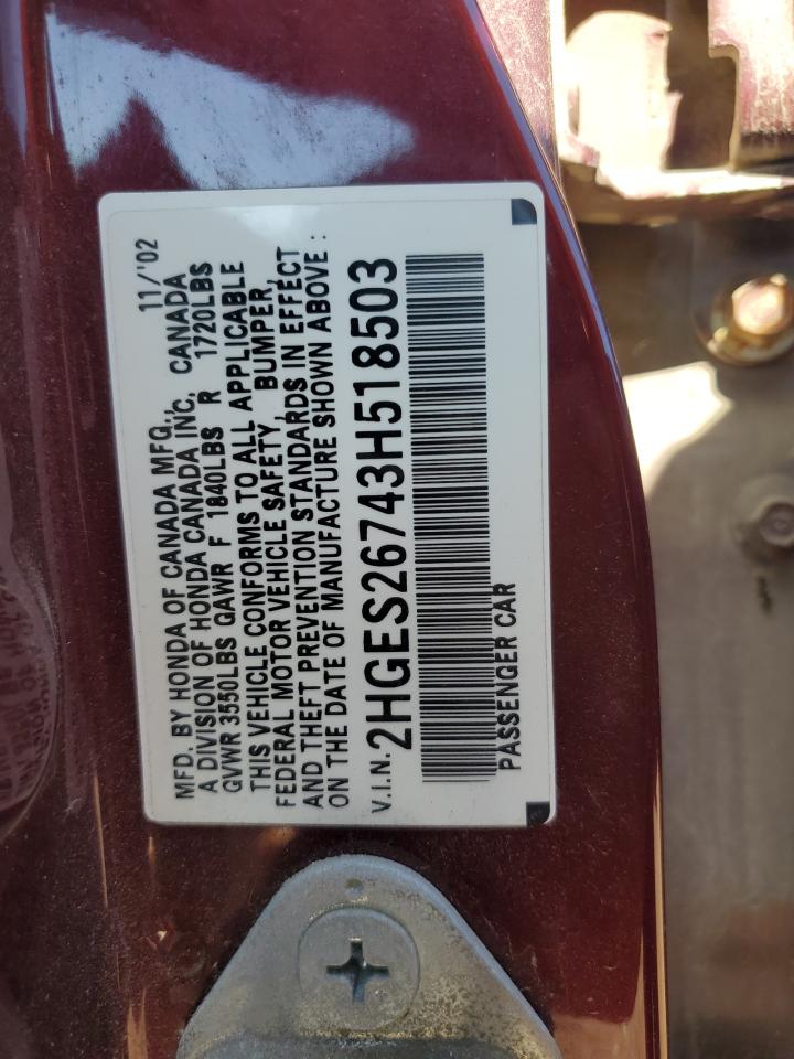 2HGES26743H518503 2003 Honda Civic Ex