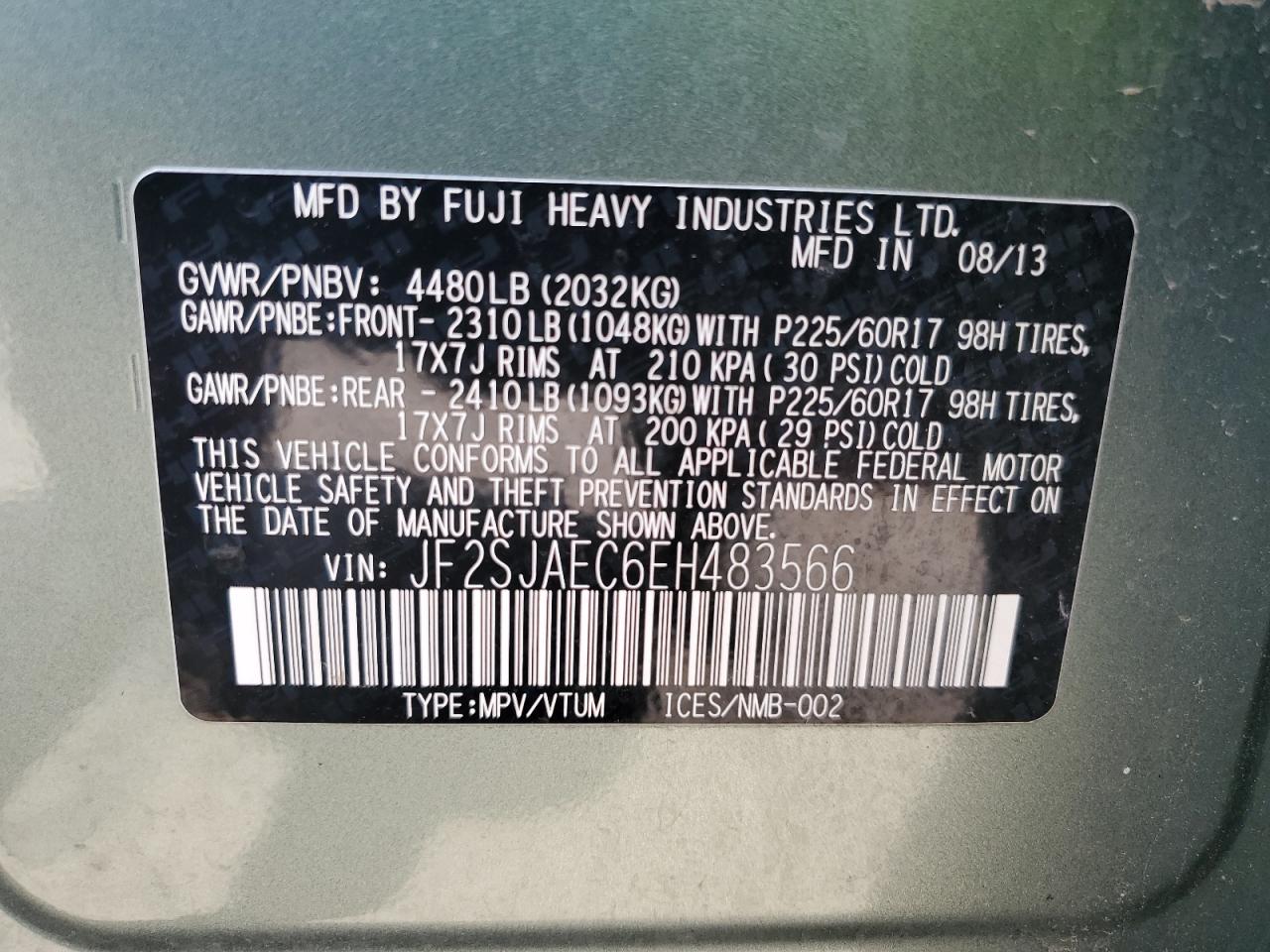 JF2SJAEC6EH483566 2014 Subaru Forester 2.5I Premium