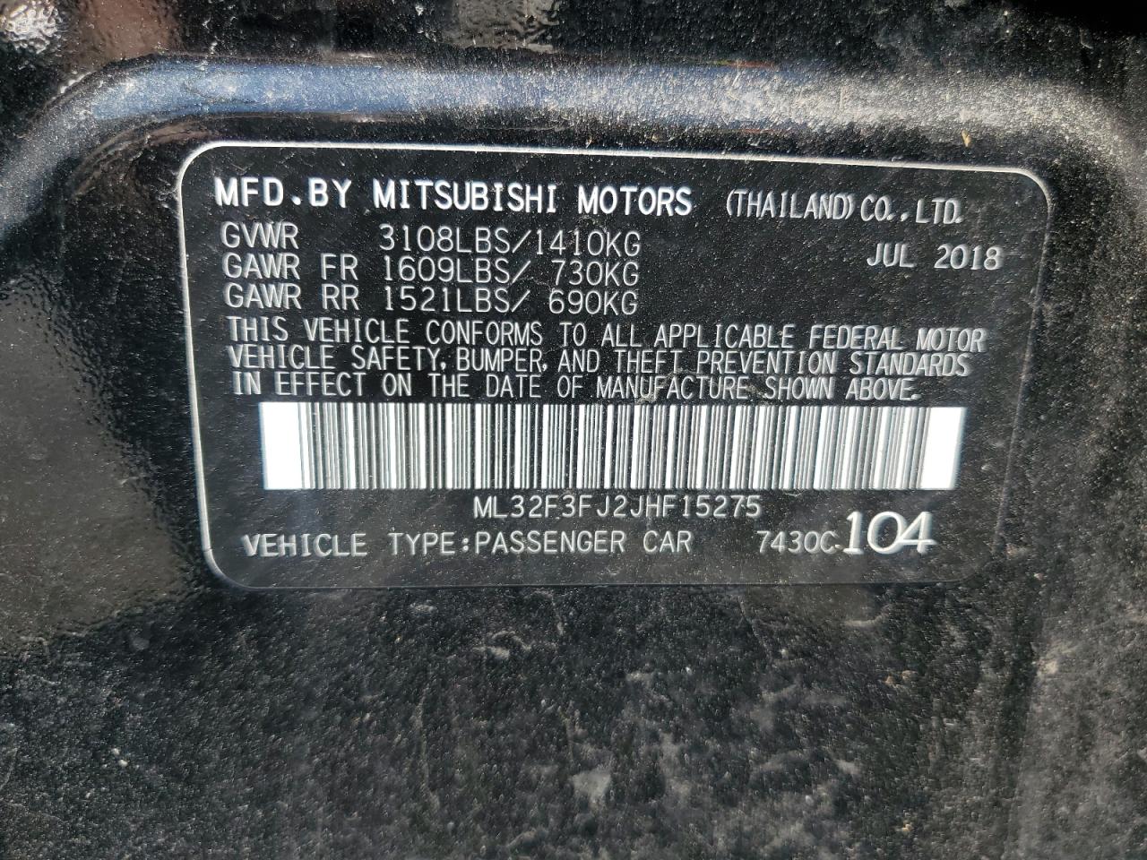 ML32F3FJ2JHF15275 2018 Mitsubishi Mirage G4 Es