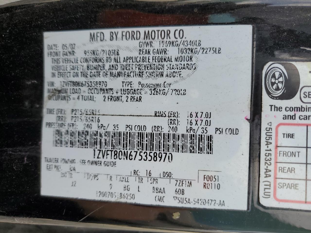 1ZVFT80N675358970 2007 Ford Mustang