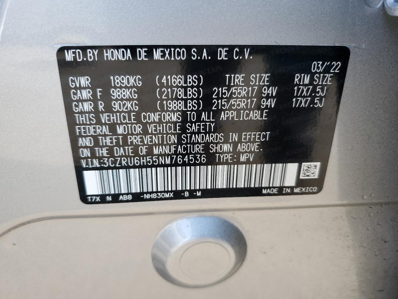 3CZRU6H55NM764536 2022 Honda Hr-V Ex