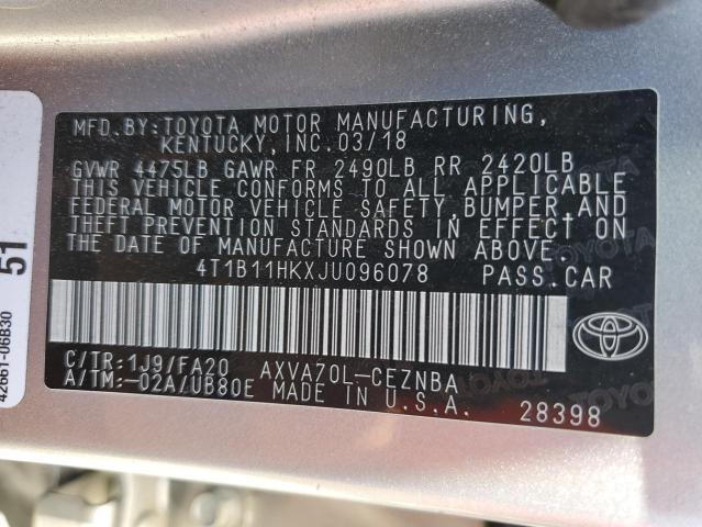 VIN 4T1B11HKXJU096078 2018 Toyota Camry, L no.12