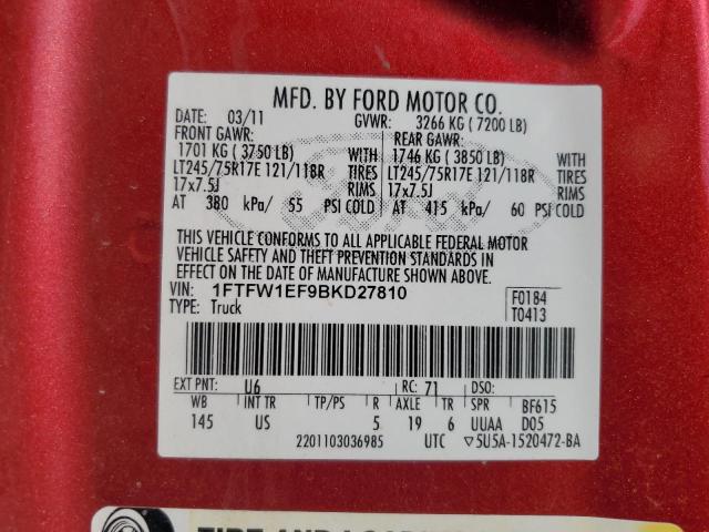 2011 Ford F150 Supercrew VIN: 1FTFW1EF9BKD27810 Lot: 61498914