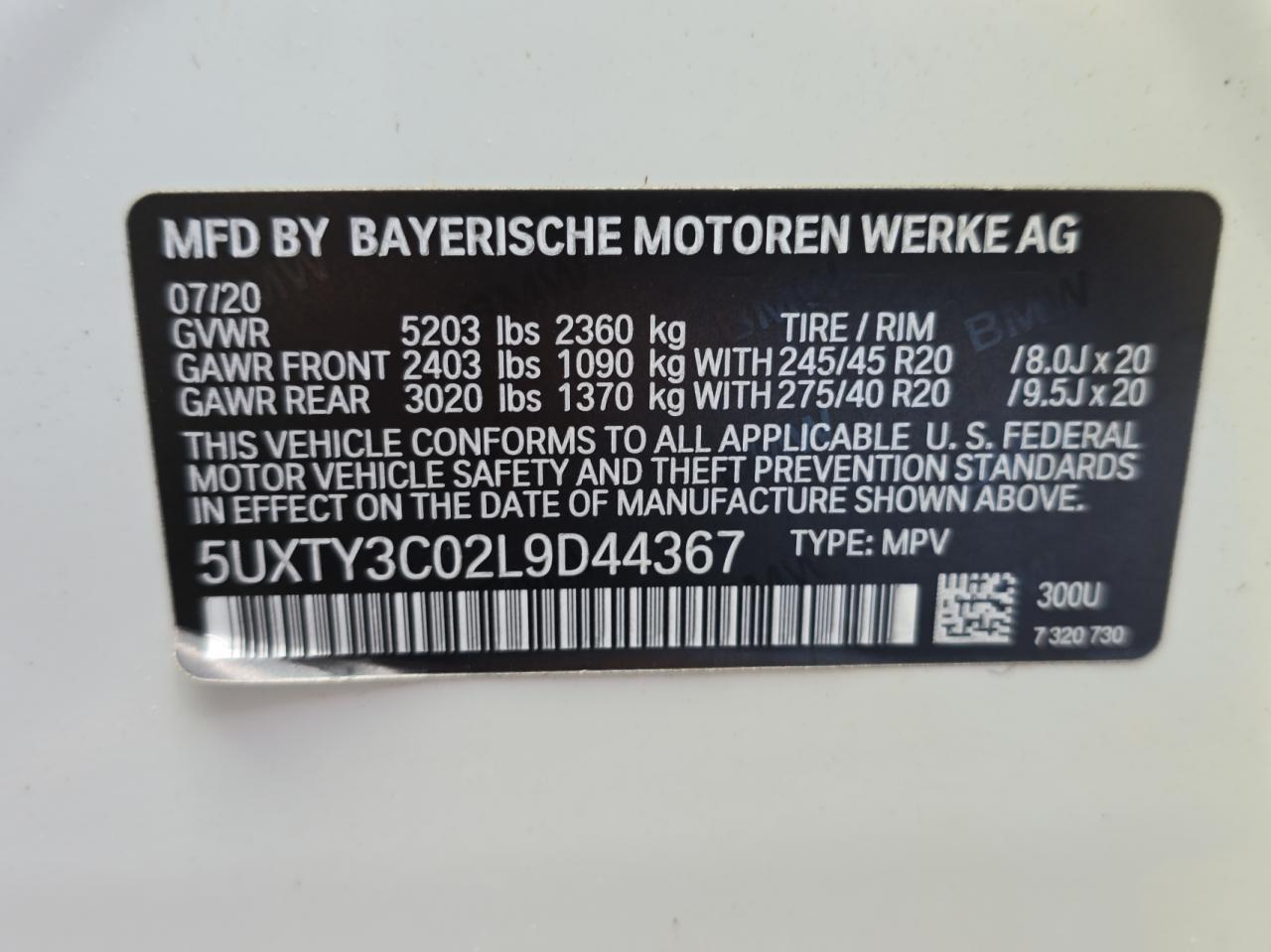 2020 BMW X3 Sdrive30I vin: 5UXTY3C02L9D44367