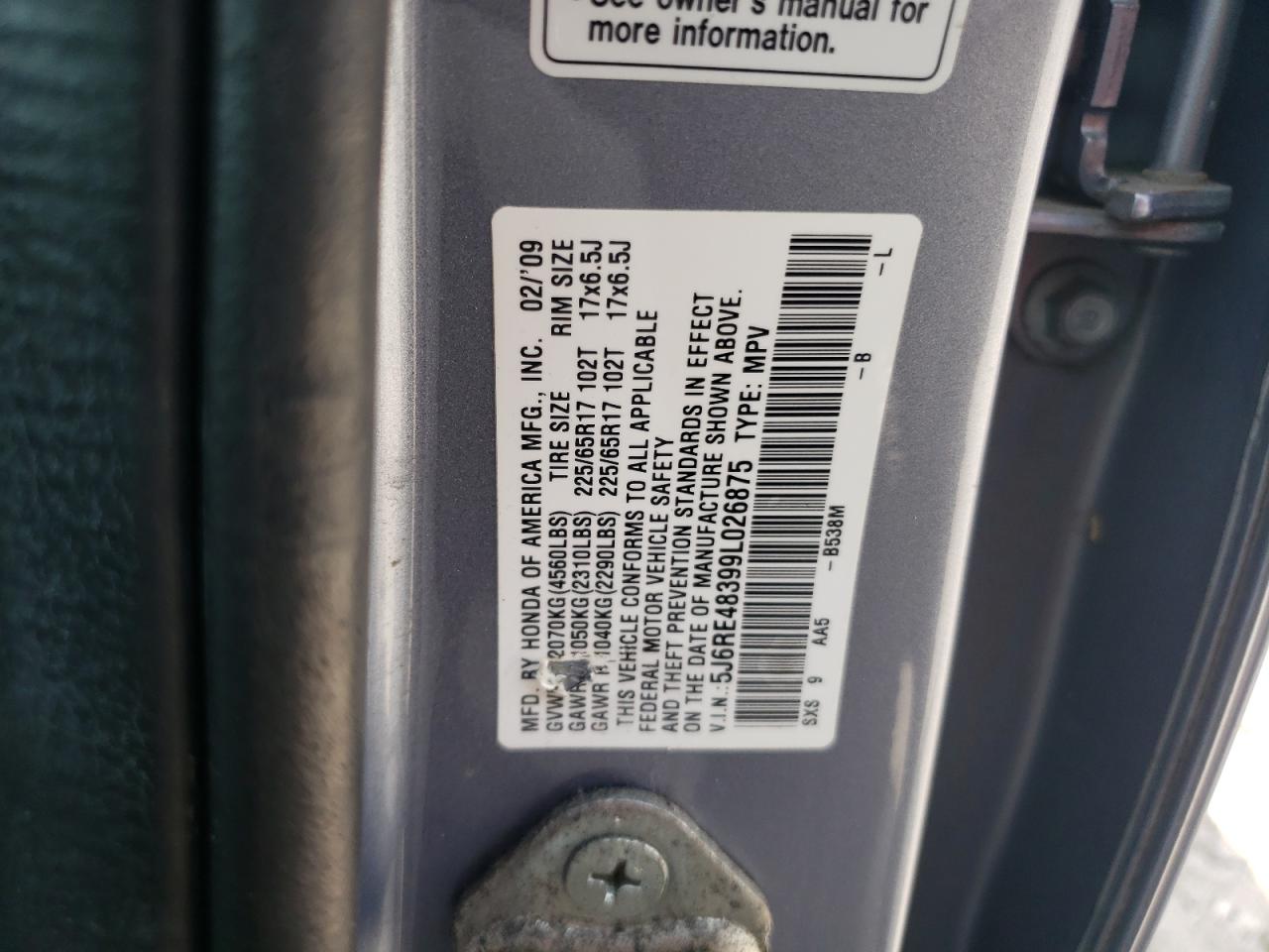 5J6RE48399L026875 2009 Honda Cr-V Lx