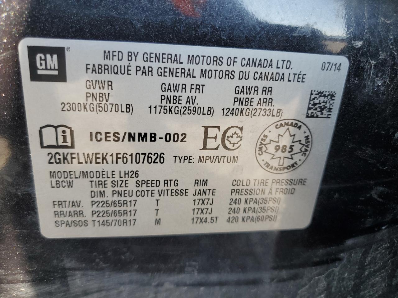 2GKFLWEK1F6107626 2015 GMC Terrain Sle