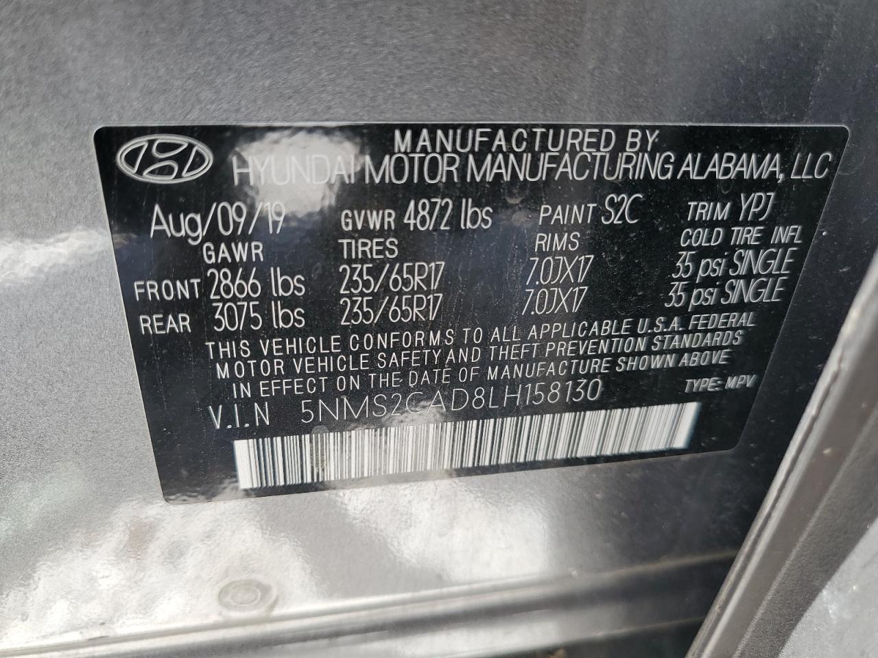 5NMS2CAD8LH158130 2020 Hyundai Santa Fe Se