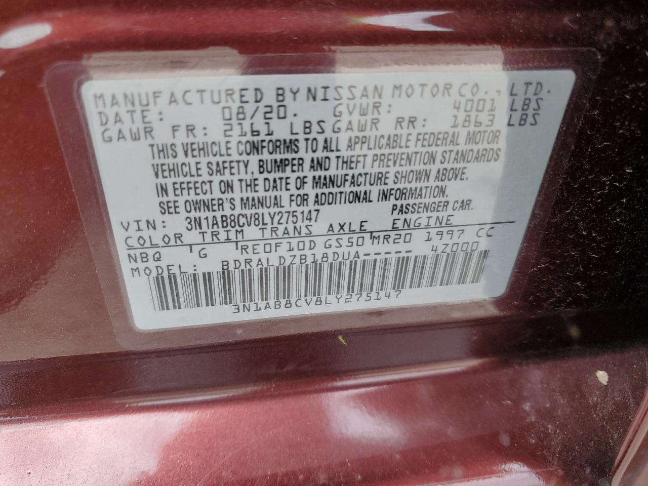 3N1AB8CV8LY275147 2020 Nissan Sentra Sv