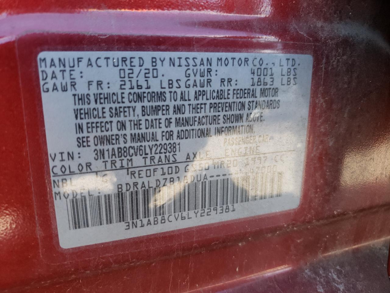 3N1AB8CV6LY229381 2020 Nissan Sentra Sv