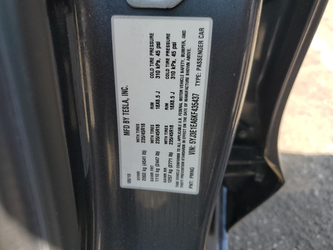 5YJ3E1EA6KF435437 2019 Tesla Model 3