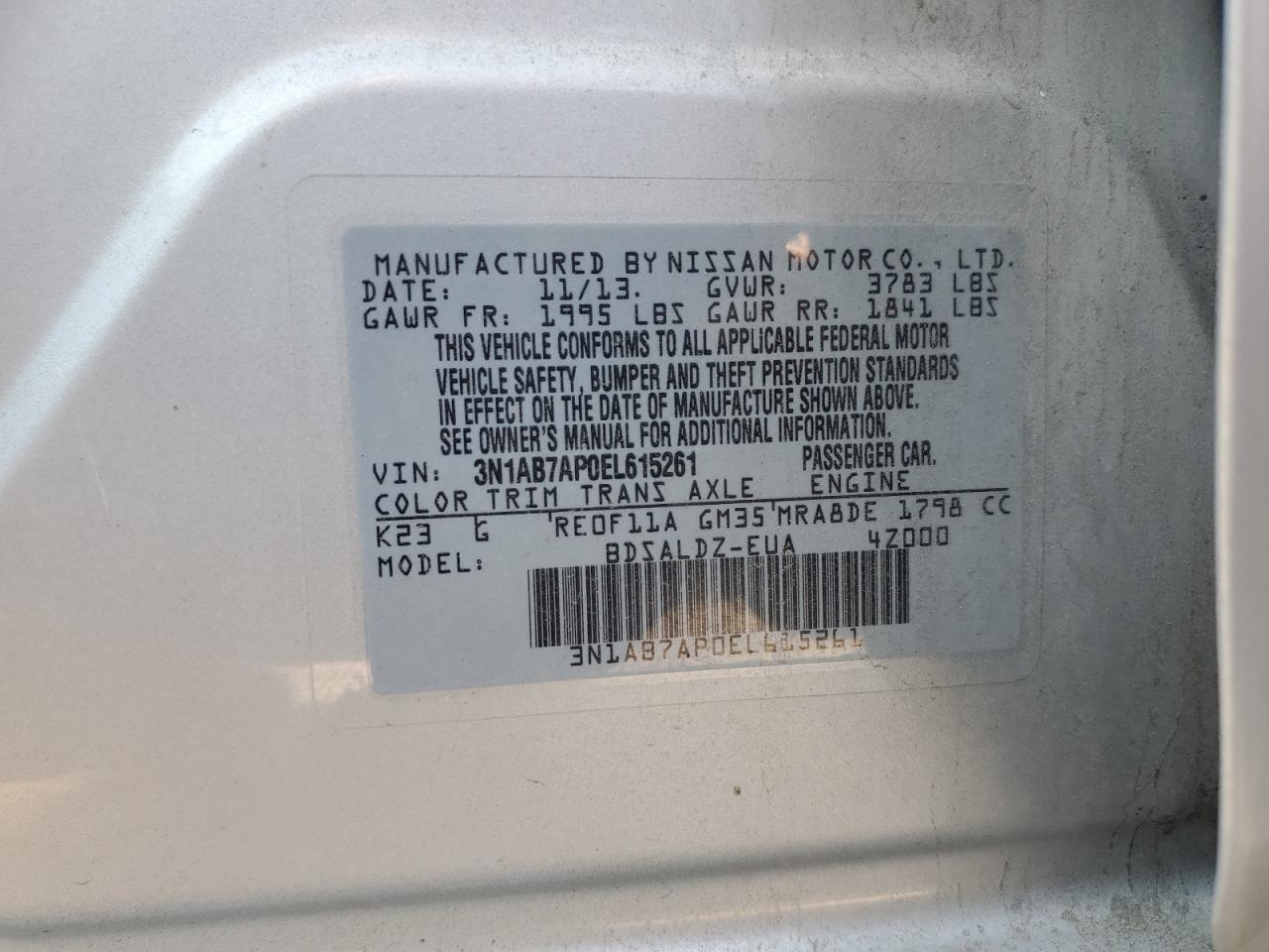 3N1AB7AP0EL615261 2014 Nissan Sentra S