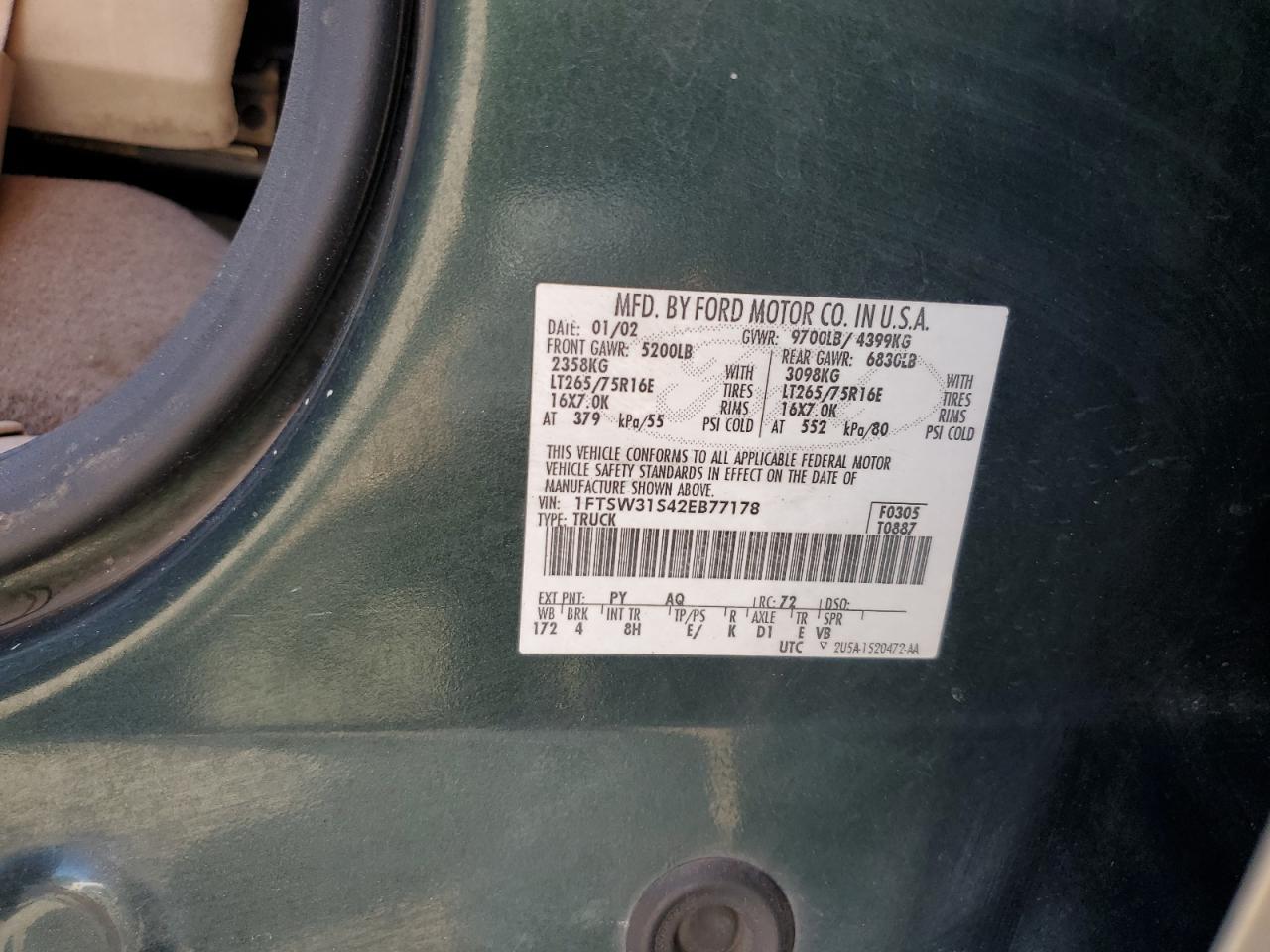 1FTSW31S42EB77178 2002 Ford F350 Srw Super Duty