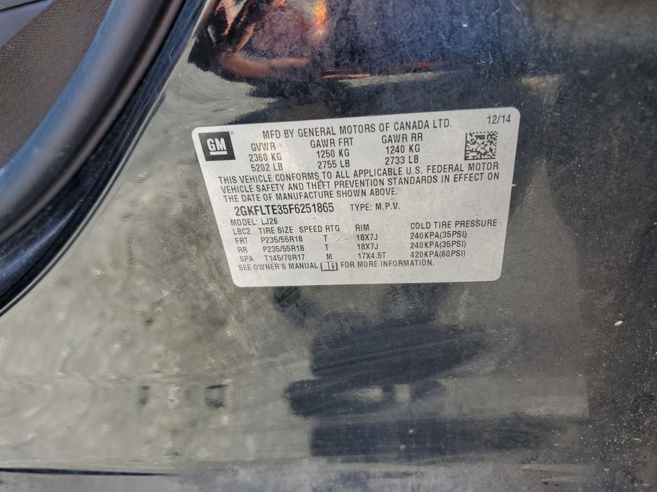 2GKFLTE35F6251865 2015 GMC Terrain Slt