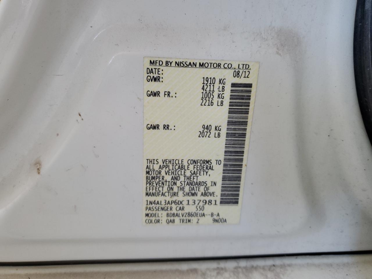 2013 Nissan Altima 2.5 vin: 1N4AL3AP6DC137981