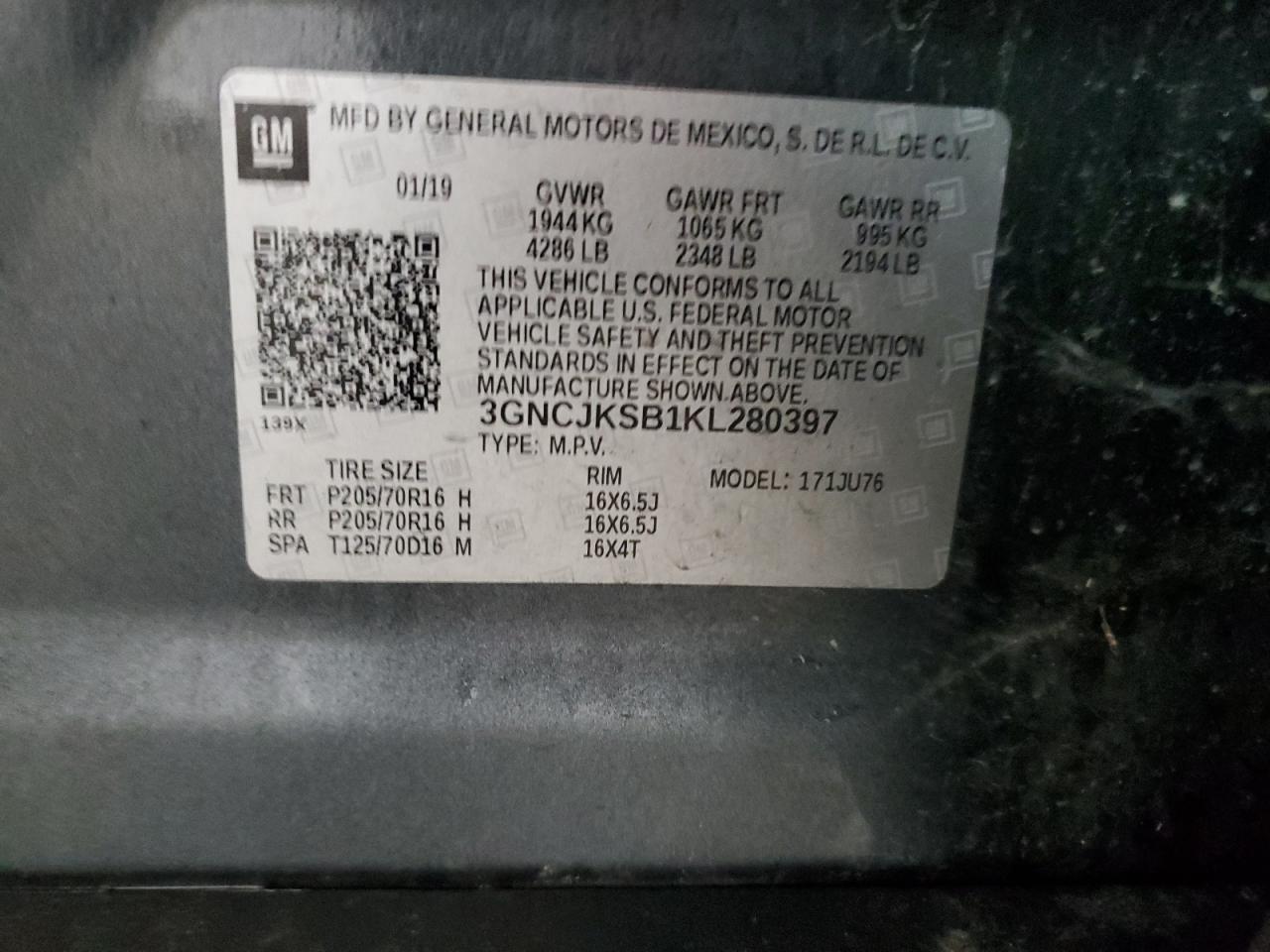 3GNCJKSB1KL280397 2019 Chevrolet Trax Ls