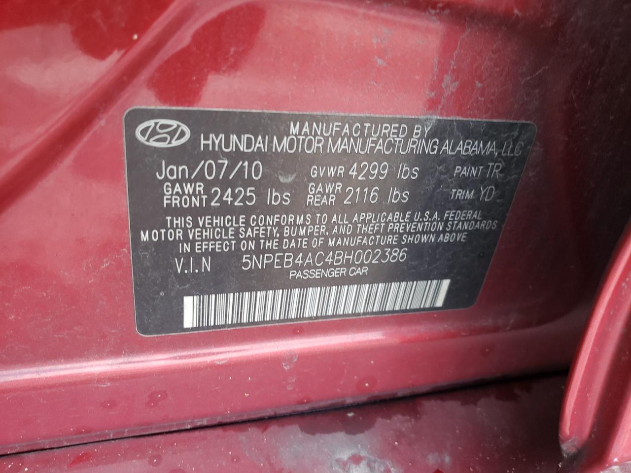 5NPEB4AC4BH002386 2011 Hyundai Sonata Gls