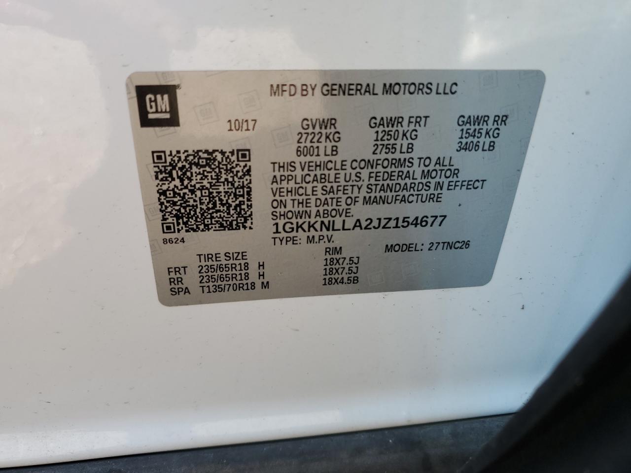 1GKKNLLA2JZ154677 2018 GMC Acadia Sle