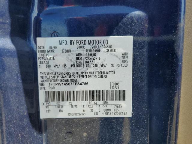 2007 Ford F150 Supercrew VIN: 1FTPW14567FB64756 Lot: 61412464