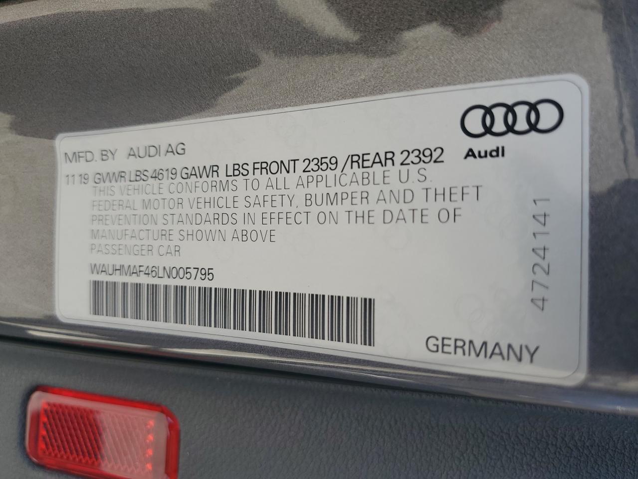 WAUHMAF46LN005795 2020 Audi A4 Premium Plus