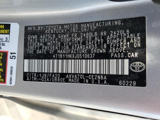 VIN 4T1B11HKXJU510637 2018 Toyota Camry, L no.12